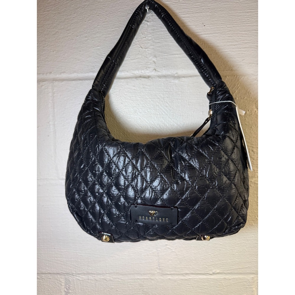 HeartLove by Charo Black Quilted Puffer Hobo Bag Recycled Vegan‎ Leather NWT